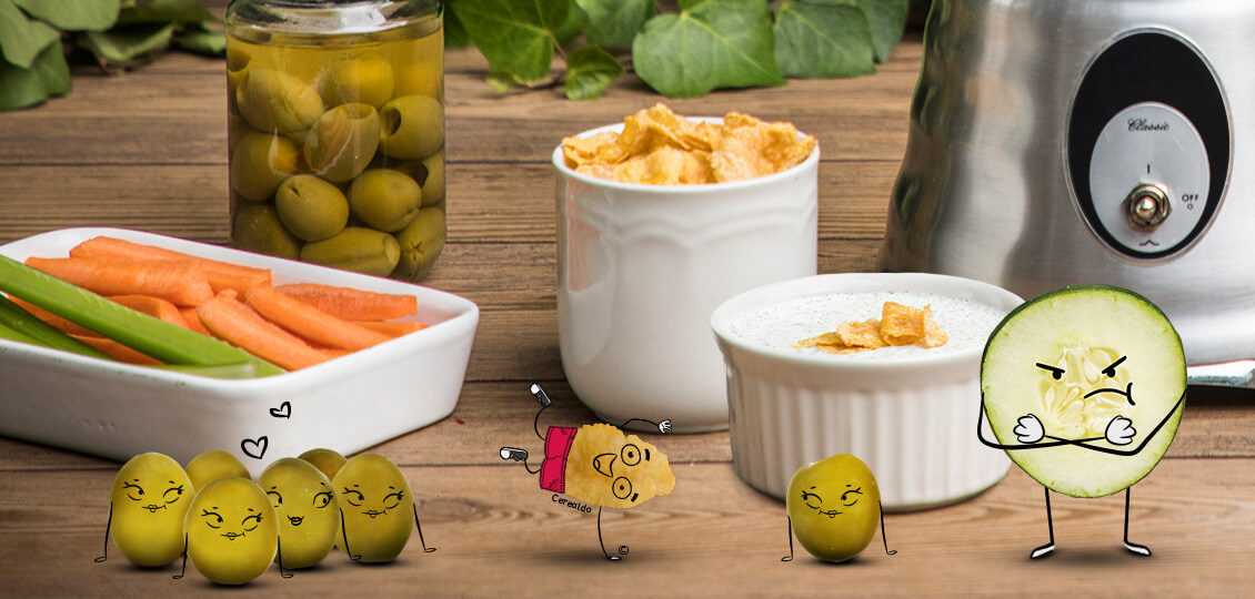 Cerealdo baila, a la izquierda aceitunas enamoradas, la derecha un pepino rebanado enojado